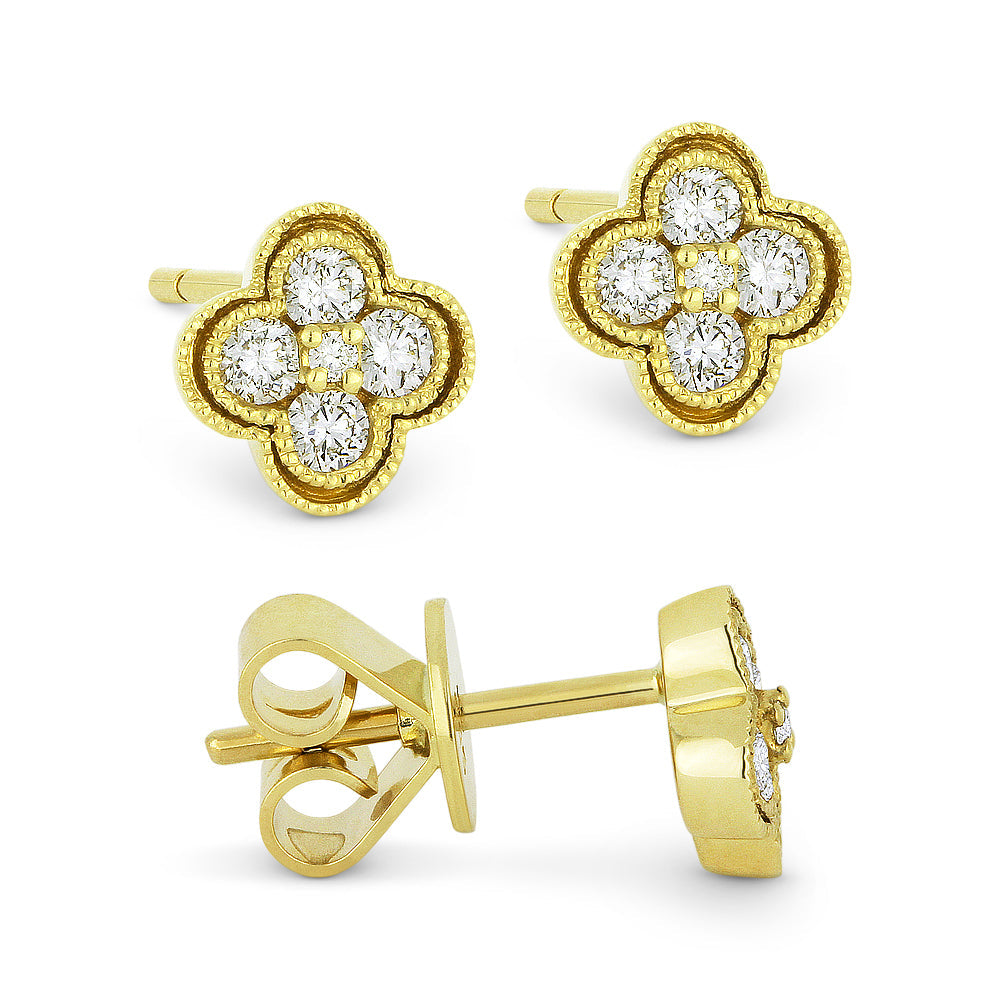 Beautiful Hand Crafted 14K Yellow Gold White Diamond Milano Collection Stud Earrings With A Push Back Closure
