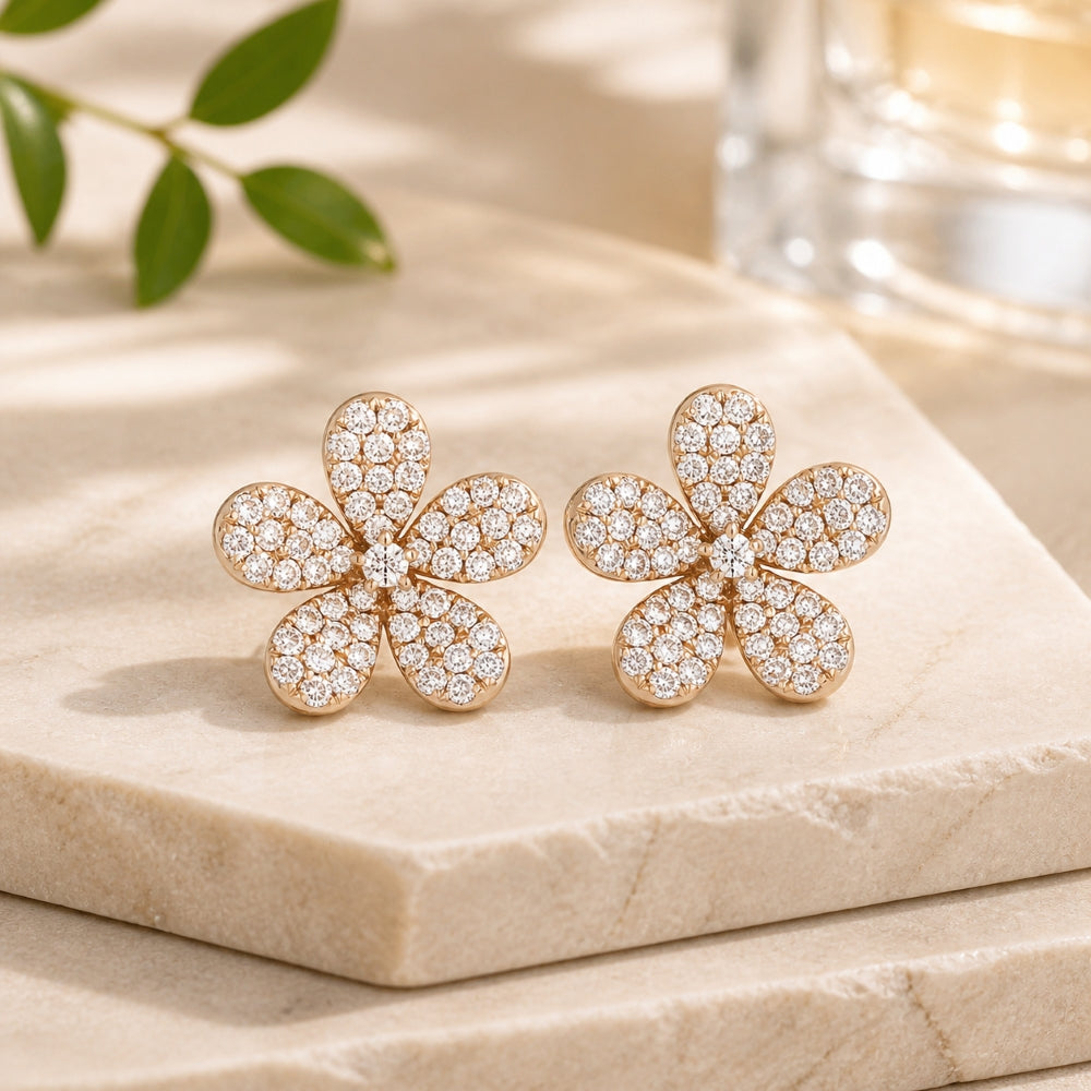E1012 - 14K Gold Diamond Flower Stud Earrings
