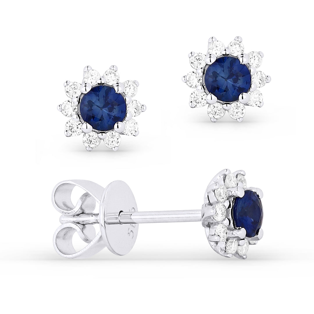 Beautiful Hand Crafted 14K White Gold 3MM Sapphire And Diamond Arianna Collection Stud Earrings With A Push Back Closure