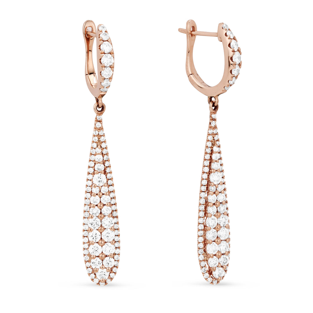 Beautiful Hand Crafted 14K Rose Gold White Diamond Milano Collection Drop Dangle Earrings With A Lever Back Closure