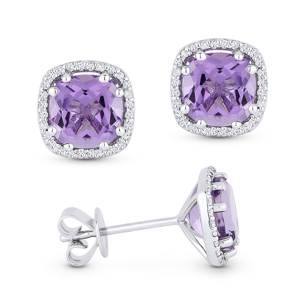 Beautiful Hand Crafted 14K White Gold 6MM Amethyst And Diamond Essentials Collection Stud Earrings With A Push Back Closure