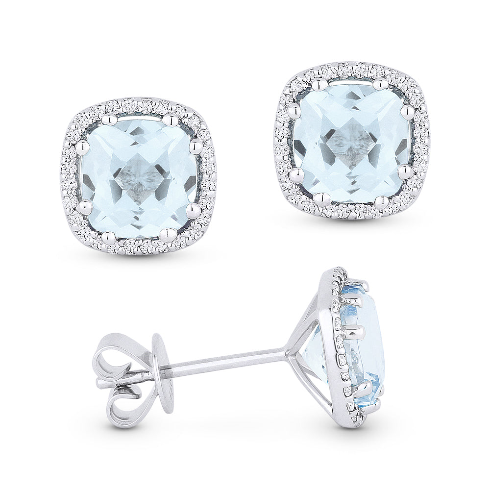 Beautiful Hand Crafted 14K White Gold 6MM Aquamarine And Diamond Essentials Collection Stud Earrings With A Push Back Closure