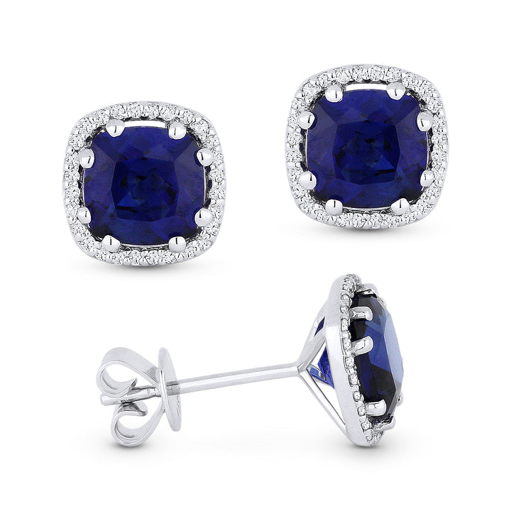 Beautiful Hand Crafted 14K White Gold 6MM Created Sapphire And Diamond Essentials Collection Stud Earrings With A Push Back Closure