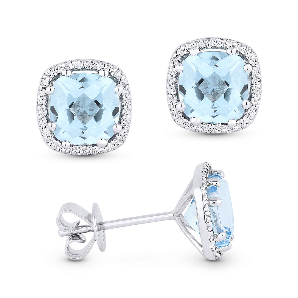 Beautiful Hand Crafted 14K White Gold 6MM Blue Topaz And Diamond Essentials Collection Stud Earrings With A Push Back Closure