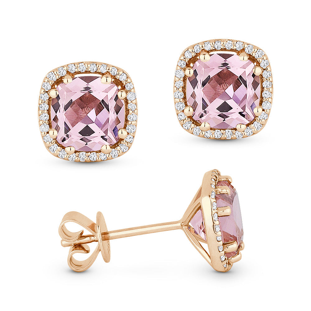 Beautiful Hand Crafted 14K Rose Gold 6MM Created Morganite And Diamond Essentials Collection Stud Earrings With A Push Back Closure