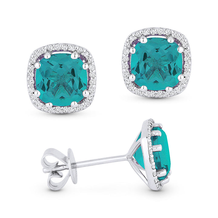 Beautiful Hand Crafted 14K White Gold 6MM Created Tourmaline Paraiba And Diamond Essentials Collection Stud Earrings With A Push Back Closure