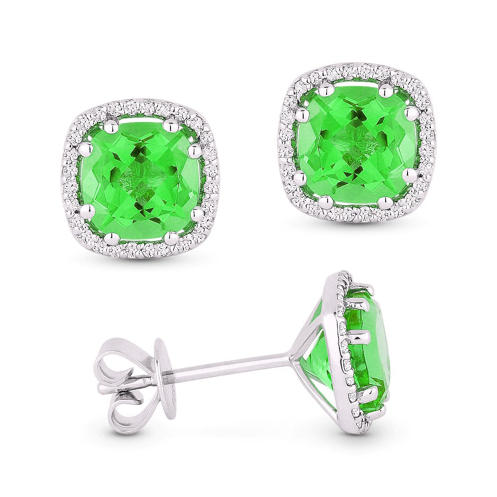 Beautiful Hand Crafted 14K White Gold 6MM Created Emerald And Diamond Essentials Collection Stud Earrings With A Push Back Closure