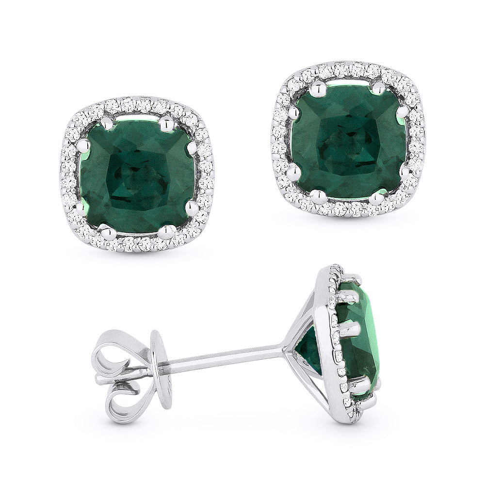 Beautiful Hand Crafted 14K White Gold 6MM Created Green Spinel And Diamond Essentials Collection Stud Earrings With A Push Back Closure