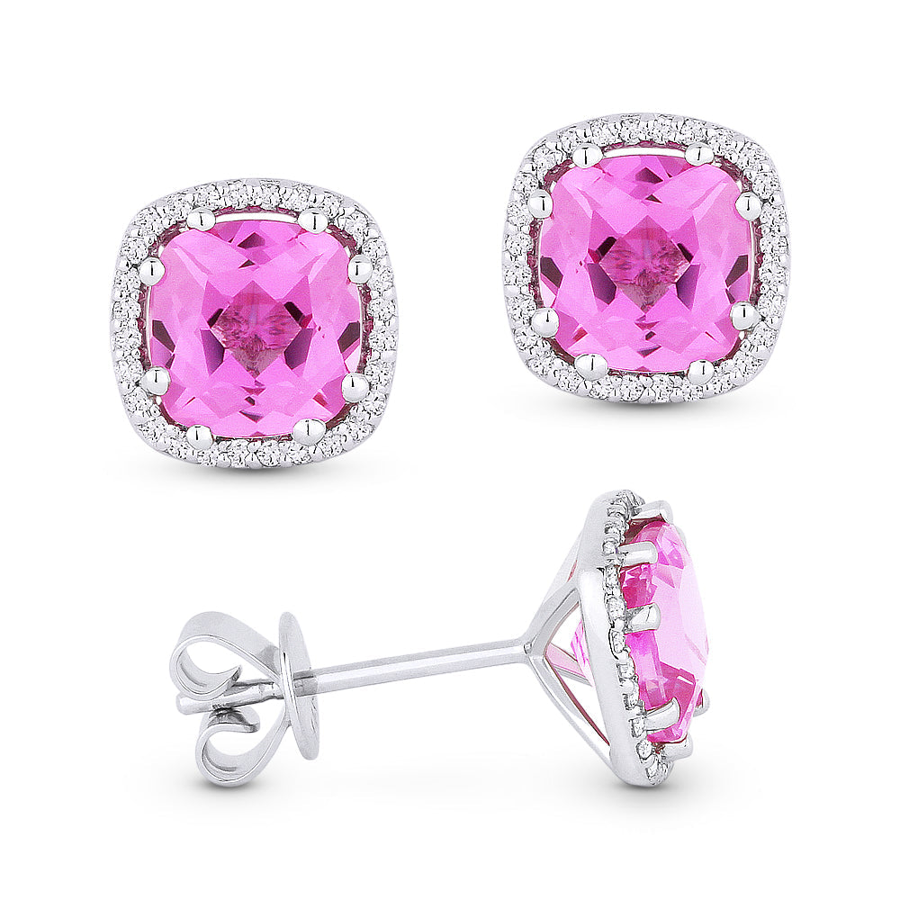 Beautiful Hand Crafted 14K White Gold 6MM Created Pink Sapphire And Diamond Essentials Collection Stud Earrings With A Push Back Closure