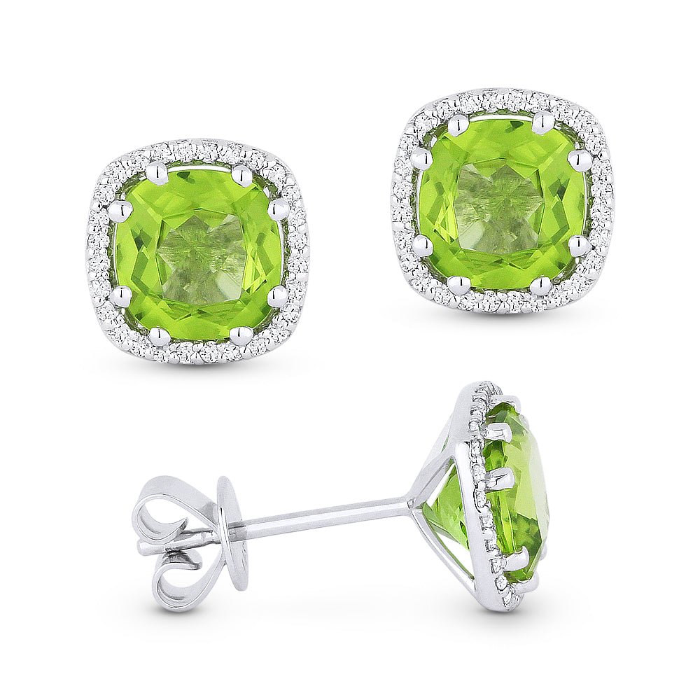 Beautiful Hand Crafted 14K White Gold 6MM Peridot And Diamond Essentials Collection Stud Earrings With A Push Back Closure