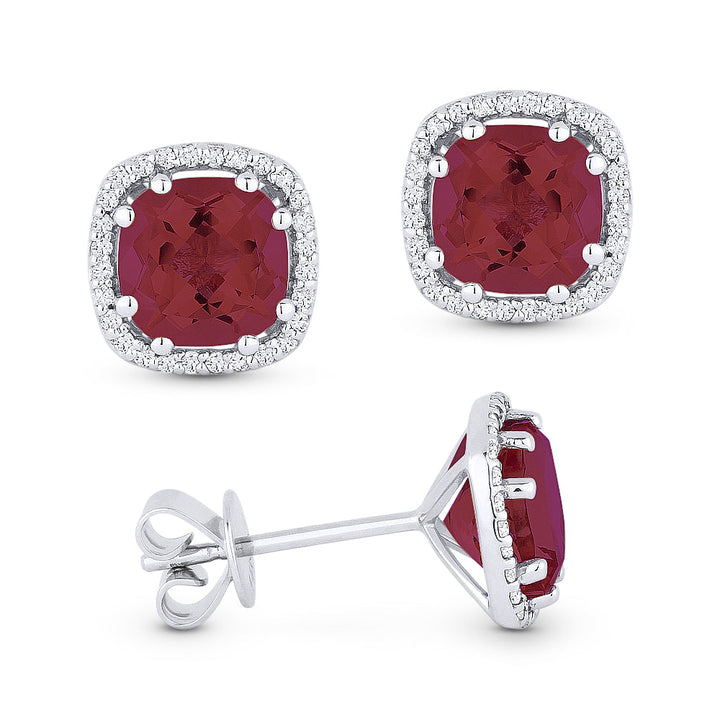 Beautiful Hand Crafted 14K White Gold 6MM Created Ruby And Diamond Essentials Collection Stud Earrings With A Push Back Closure