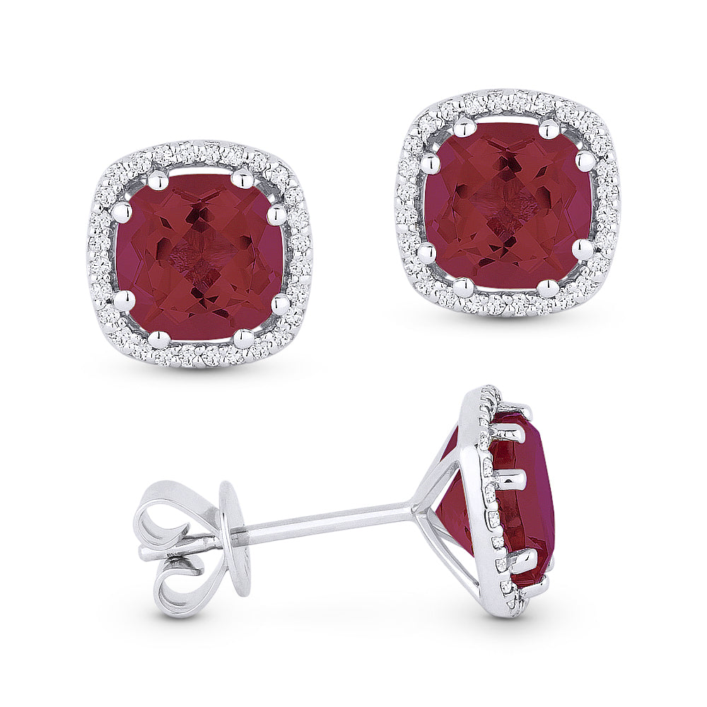Beautiful Hand Crafted 14K White Gold 6MM Created Ruby And Diamond Essentials Collection Stud Earrings With A Push Back Closure