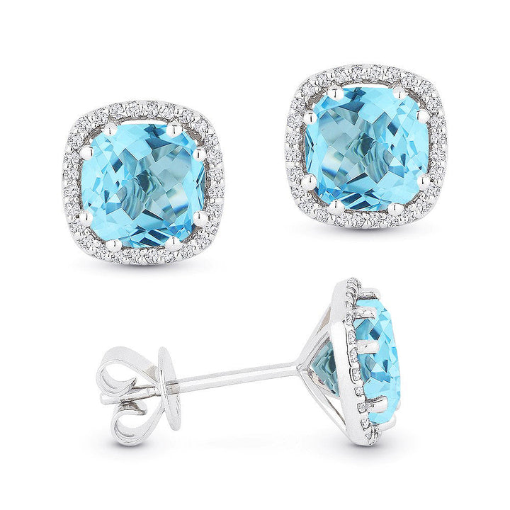 Beautiful Hand Crafted 14K White Gold 6MM Swiss Blue Topaz And Diamond Essentials Collection Stud Earrings With A Push Back Closure