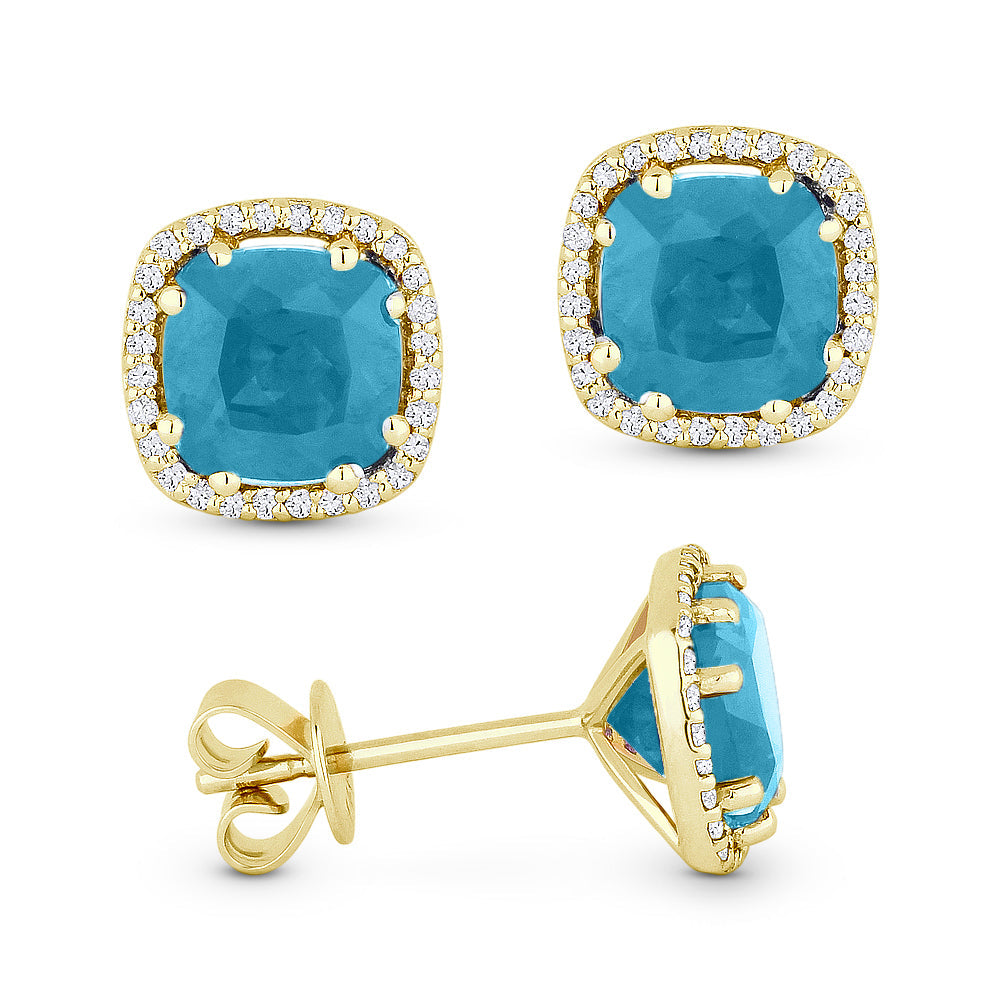 Beautiful Hand Crafted 14K Yellow Gold 6MM Turquoise And Diamond Essentials Collection Stud Earrings With A Push Back Closure