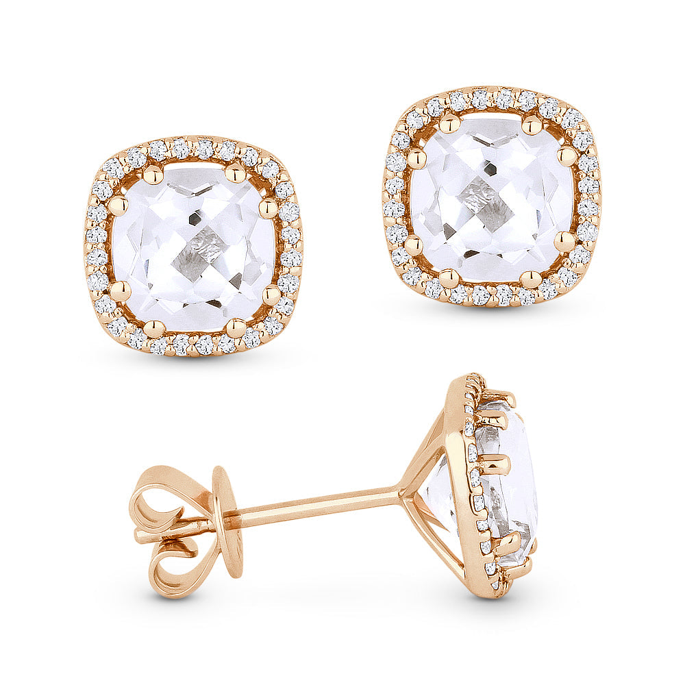 Beautiful Hand Crafted 14K Rose Gold 6MM White Topaz And Diamond Essentials Collection Stud Earrings With A Push Back Closure