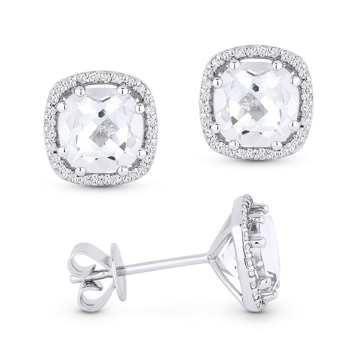 Beautiful Hand Crafted 14K White Gold 6MM White Topaz And Diamond Essentials Collection Stud Earrings With A Push Back Closure