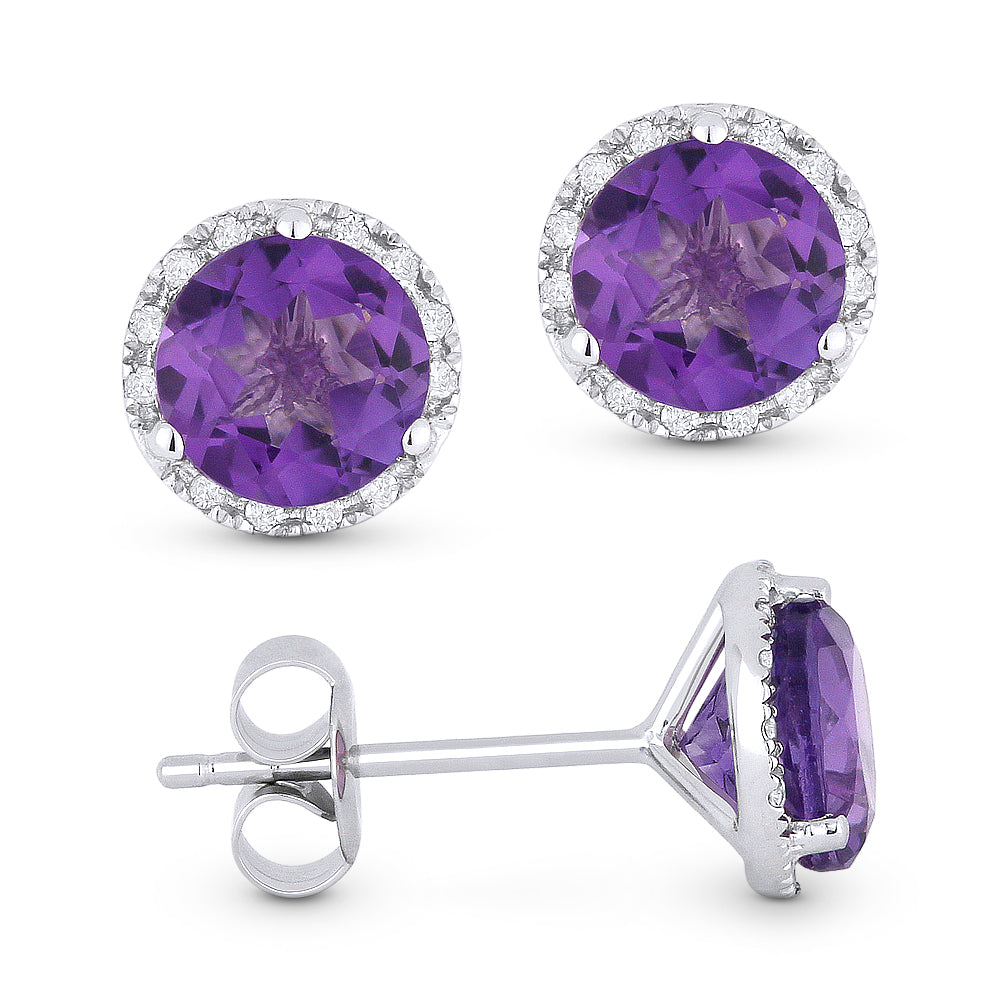 Beautiful Hand Crafted 14K White Gold 6MM Amethyst And Diamond Essentials Collection Stud-Earrings With A Push Back Closure