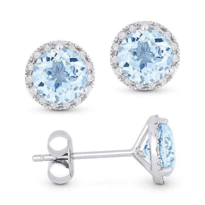 Beautiful Hand Crafted 14K White Gold 6MM Aquamarine And Diamond Essentials Collection Stud-Earrings With A Push-Back-Closure