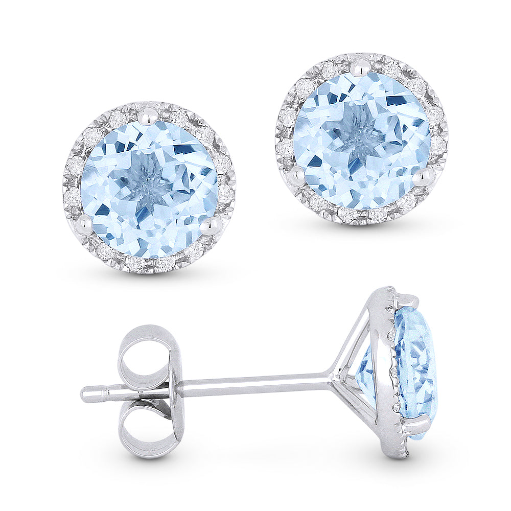 Beautiful Hand Crafted 14K White Gold 6MM Blue Topaz And Diamond Essentials Collection Stud Earrings With A Push-Back-Closure