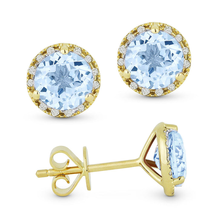 Beautiful Hand Crafted 14K Yellow Gold 6MM Blue Topaz And Diamond Essentials Collection Stud-Earrings With A Push Back Closure