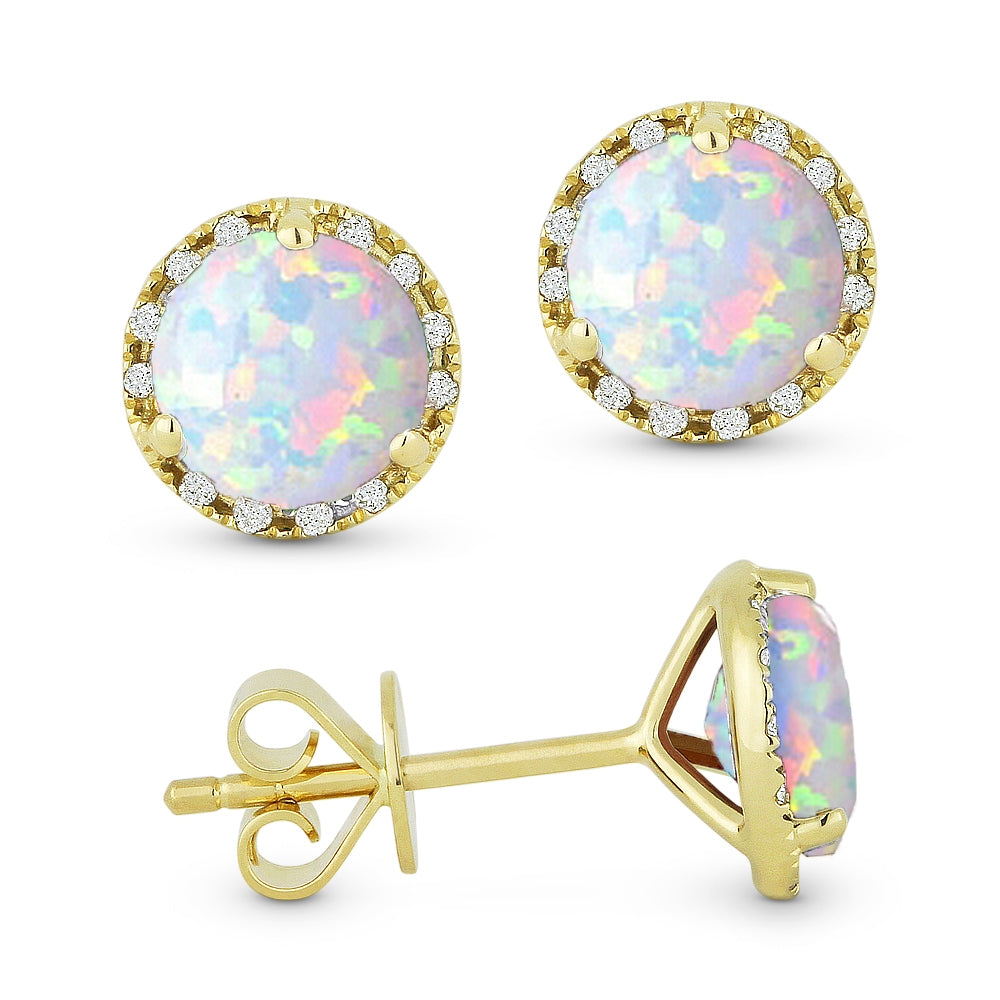 Beautiful Hand Crafted 14K Yellow Gold 6MM Created Ethiopian Opal And Diamond Essentials Collection Stud Earrings With A Push Back Closure
