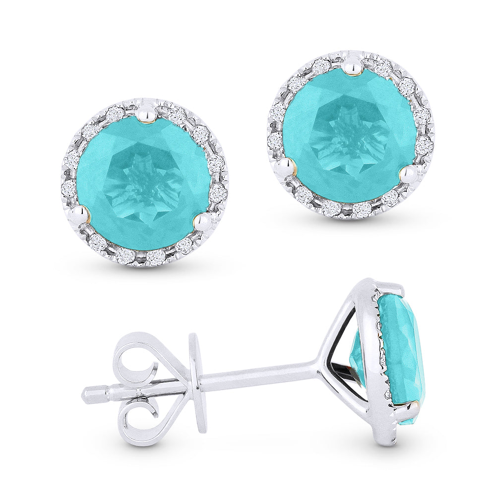 Beautiful Hand Crafted 14K White Gold 6MM Created Tourmaline Paraiba And Diamond Essentials Collection Stud-Earrings With A Push-Back-Closure