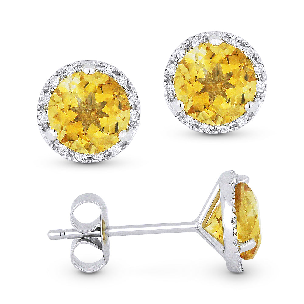 Beautiful Hand Crafted 14K White Gold 6MM Citrine And Diamond Essentials Collection Stud-Earrings With A Push-Back-Closure