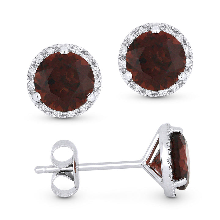 Beautiful Hand Crafted 14K White Gold 6MM Garnet And Diamond Essentials Collection Stud-Earrings With A Push Back Closure