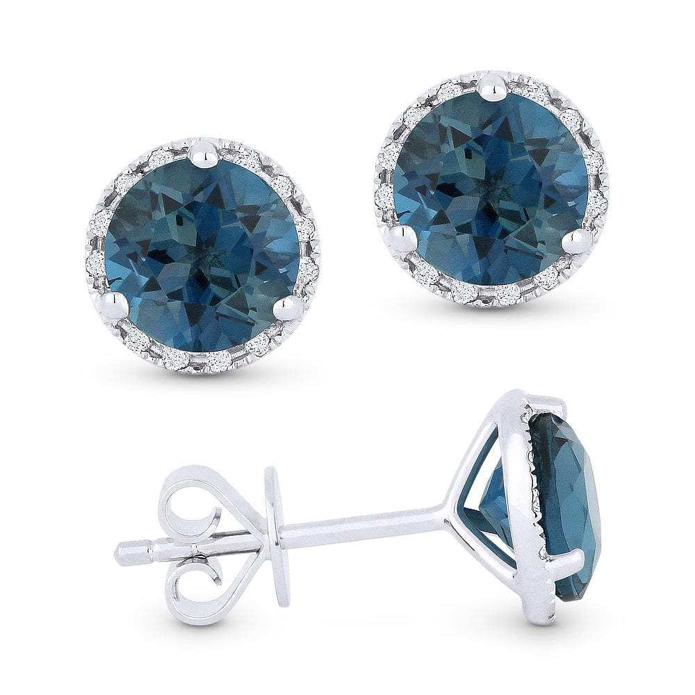 Beautiful Hand Crafted 14K White Gold 6MM London Blue Topaz And Diamond Essentials Collection Stud Earrings With A Push Back Closure