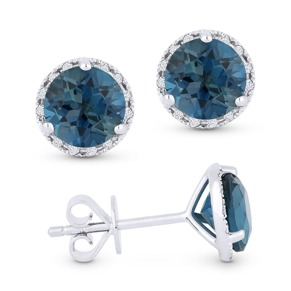Beautiful Hand Crafted 14K White Gold 6MM London Blue Topaz And Diamond Essentials Collection Stud Earrings With A Push-Back-Closure