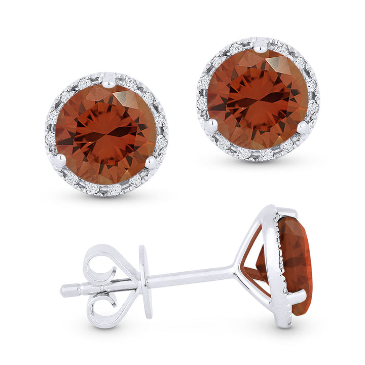 Beautiful Hand Crafted 14K White Gold 6MM Created Padparadscha And Diamond Essentials Collection Stud-Earrings With A Push Back Closure