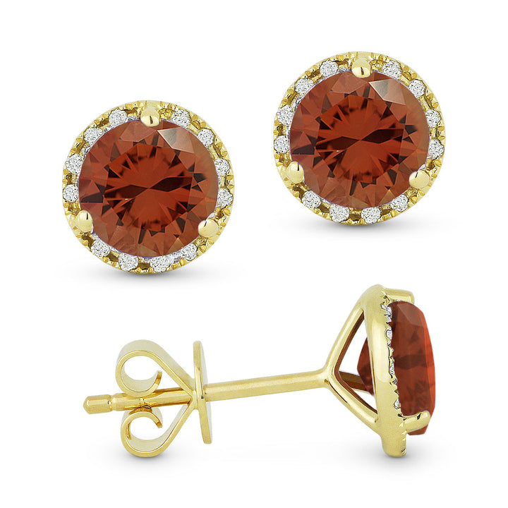 Beautiful Hand Crafted 14K Yellow Gold 6MM Created Padparadscha And Diamond Essentials Collection Stud-Earrings With A Push-Back-Closure