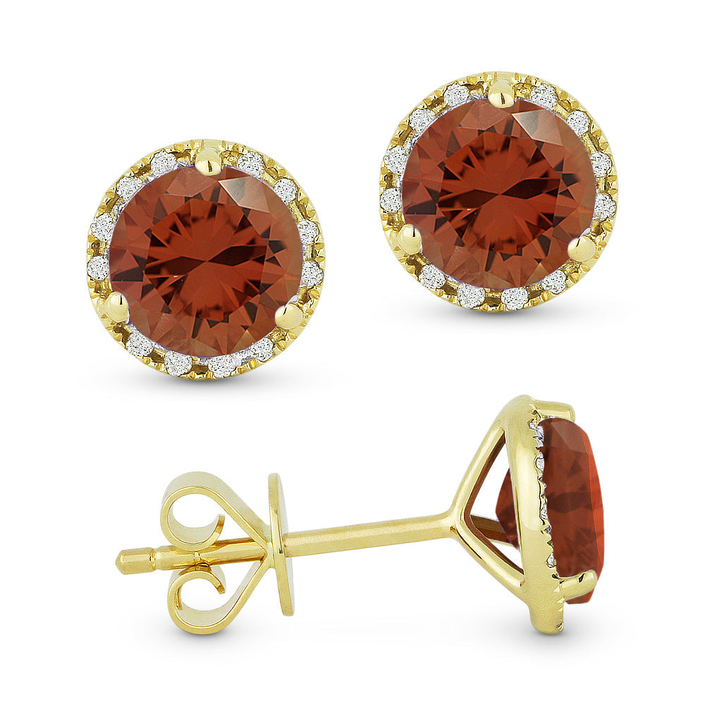 Beautiful Hand Crafted 14K Yellow Gold 6MM Created Padparadscha And Diamond Essentials Collection Stud-Earrings With A Push Back Closure