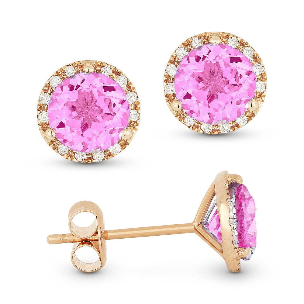 Beautiful Hand Crafted 14K Rose Gold 6MM Created Pink Sapphire And Diamond Essentials Collection Stud Earrings With A Push-Back-Closure