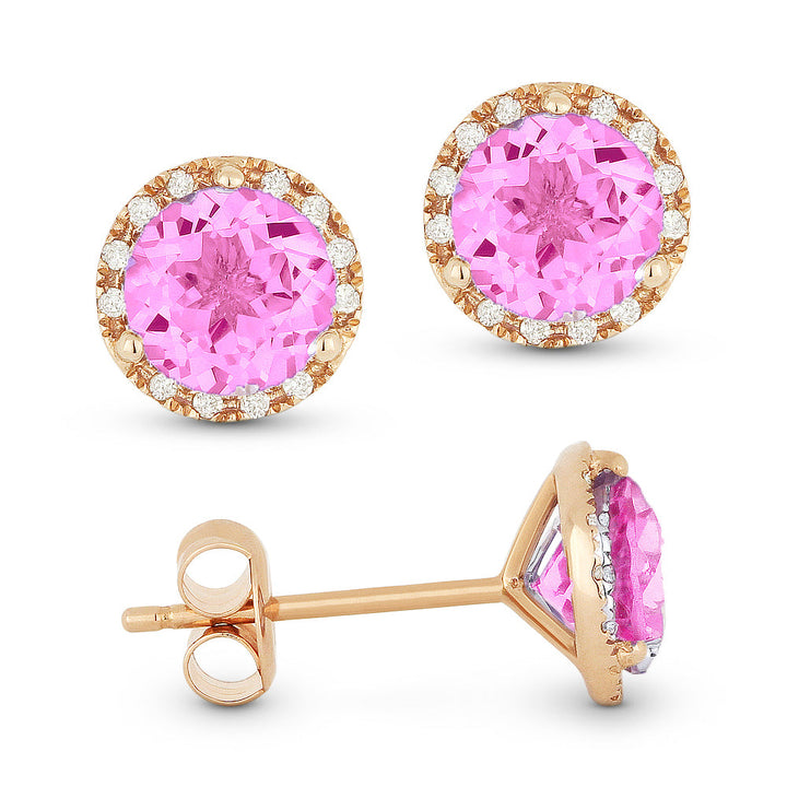 Beautiful Hand Crafted 14K Rose Gold 6MM Created Pink Sapphire And Diamond Essentials Collection Stud Earrings With A Push-Back-Closure