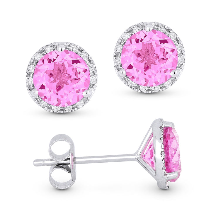 Beautiful Hand Crafted 14K White Gold 6MM Created Pink Sapphire And Diamond Essentials Collection Stud Earrings With A Push Back Closure