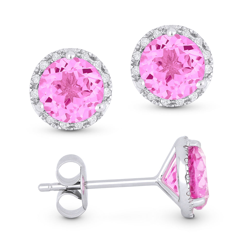 Beautiful Hand Crafted 14K White Gold 6MM Created Pink Sapphire And Diamond Essentials Collection Stud-Earrings With A Push Back Closure