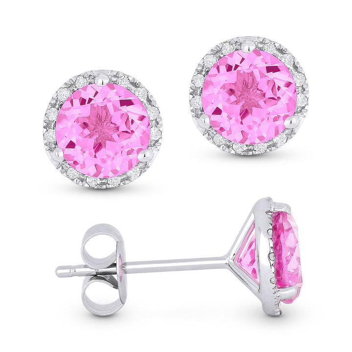 Beautiful Hand Crafted 14K White Gold 6MM Created Pink Sapphire And Diamond Essentials Collection Stud-Earrings With A Push Back Closure