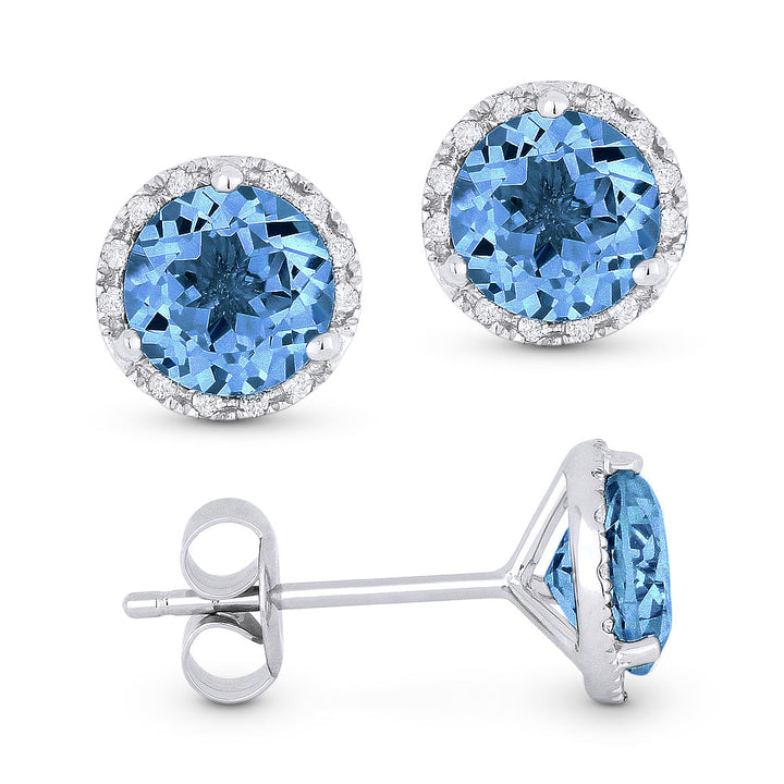 Beautiful Hand Crafted 14K White Gold 6MM Swiss Blue Topaz And Diamond Essentials Collection Stud-Earrings With A Push Back Closure