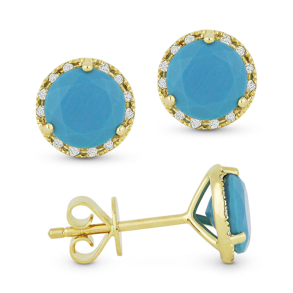 Beautiful Hand Crafted 14K Yellow Gold 6MM Turquoise And Diamond Essentials Collection Stud-Earrings With A Push-Back-Closure