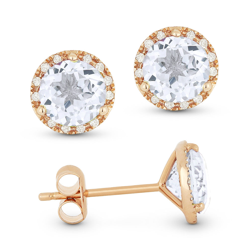 Beautiful Hand Crafted 14K Rose Gold 6MM White Topaz And Diamond Essentials Collection Stud-Earrings With A Push-Back-Closure