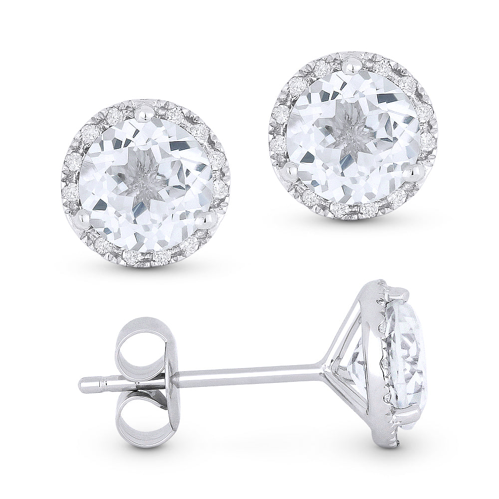 Beautiful Hand Crafted 14K White Gold 6MM White Topaz And Diamond Essentials Collection Stud Earrings With A Push-Back-Closure