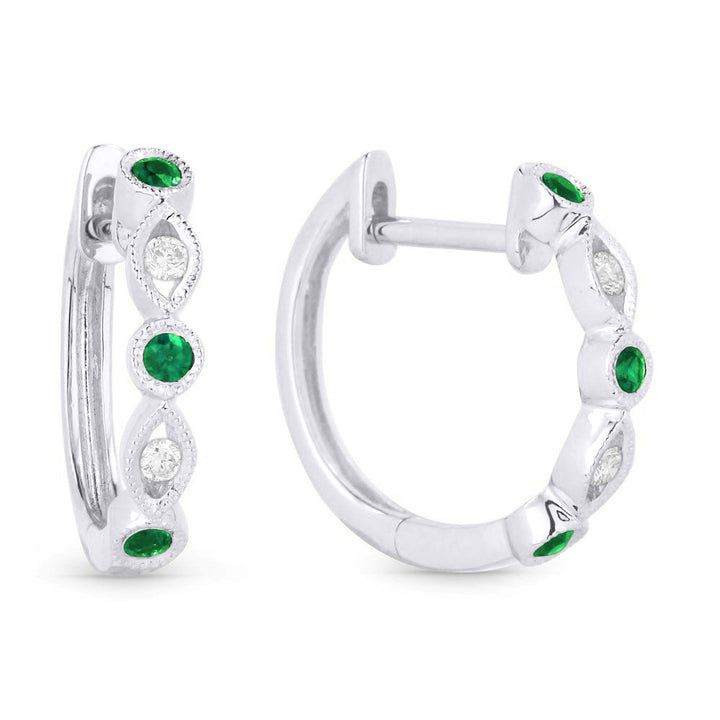 Beautiful Hand Crafted 14K White Gold  Emerald And Diamond Arianna Collection Hoop Earrings With A Hoop Closure