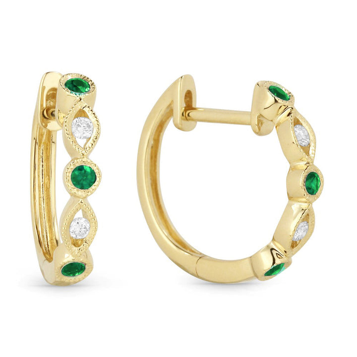 Beautiful Hand Crafted 14K Yellow Gold 15MM Emerald And Diamond Arianna Collection Hoop Earrings With A Hoop Closure