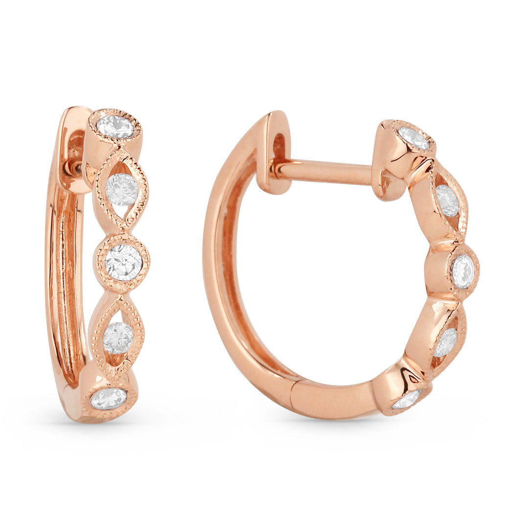 Beautiful Hand Crafted 14K Rose Gold White Diamond Milano Collection Hoop Earrings With A Hoop Closure