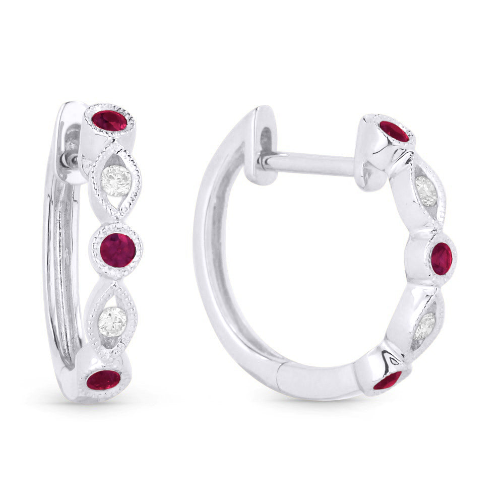 Beautiful Hand Crafted 14K White Gold 2MM Ruby And Diamond Arianna Collection Hoop Earrings With A Hoop Closure