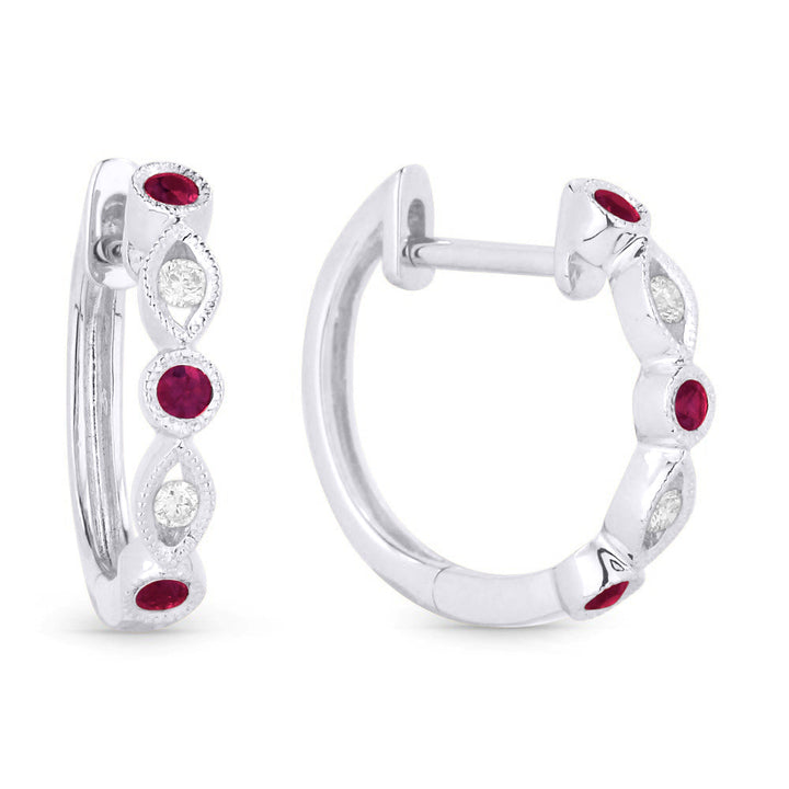 Beautiful Hand Crafted 14K White Gold  Ruby And Diamond Arianna Collection Hoop Earrings With A Hoop Closure