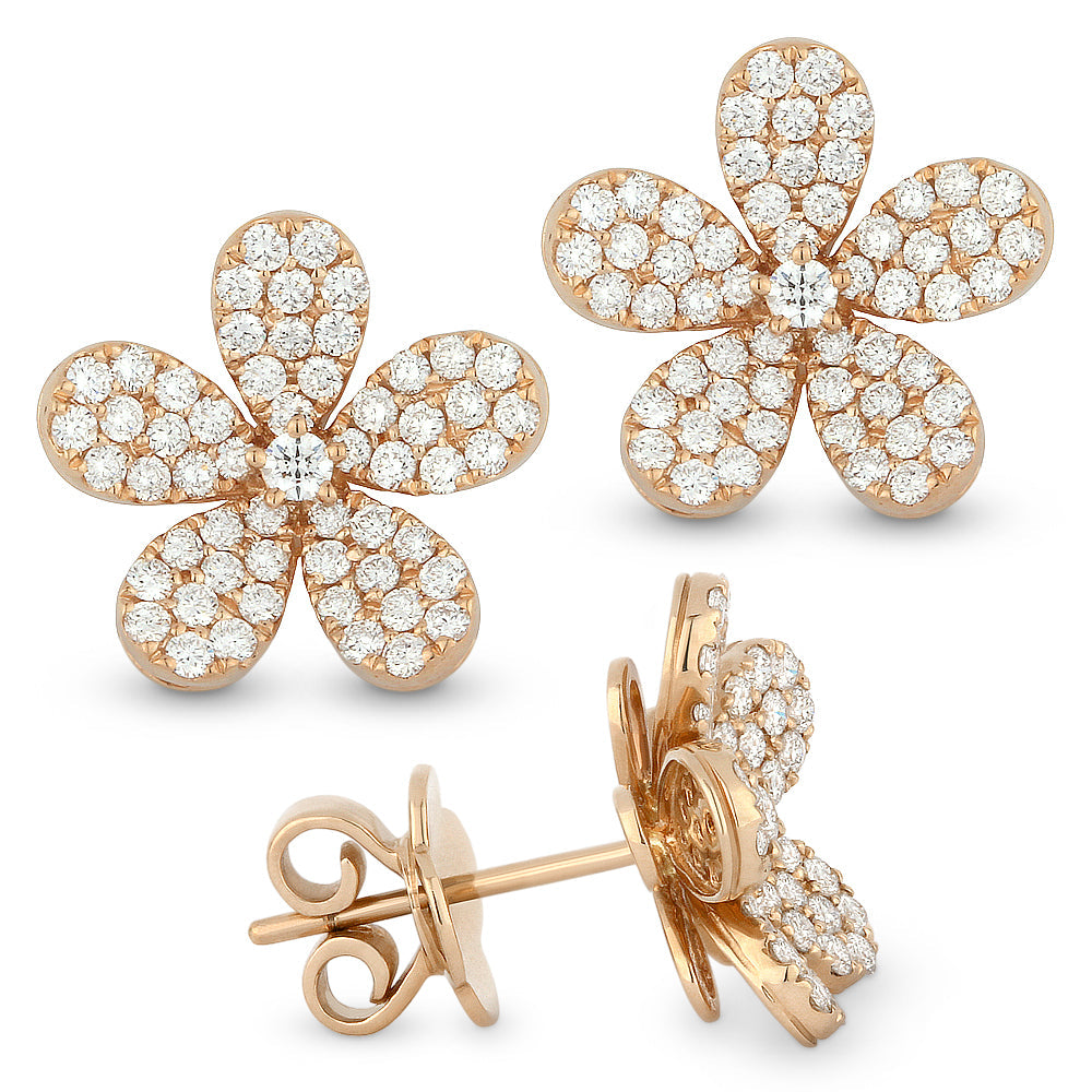 Beautiful Hand Crafted 14K Rose Gold White Diamond Milano Collection Stud Earrings With A Push Back Closure