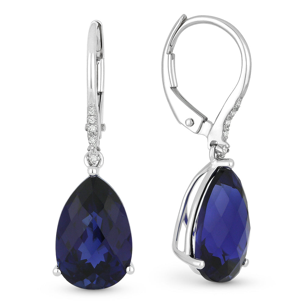 Beautiful Hand Crafted 14K White Gold 8X12MM Created Sapphire And Diamond Essentials Collection Drop Dangle Earrings With A Lever Back Closure