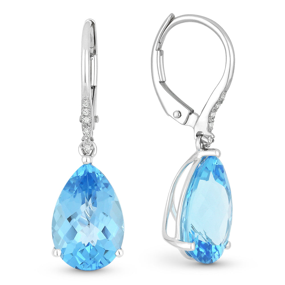 Beautiful Hand Crafted 14K White Gold 8X12MM Blue Topaz And Diamond Essentials Collection Drop Dangle Earrings With A Lever Back Closure